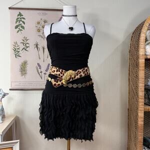 90s Y2k Black Ruched Ruffle Mini Dress Bimbo Trashy Gyaru McBling Sexy Party M